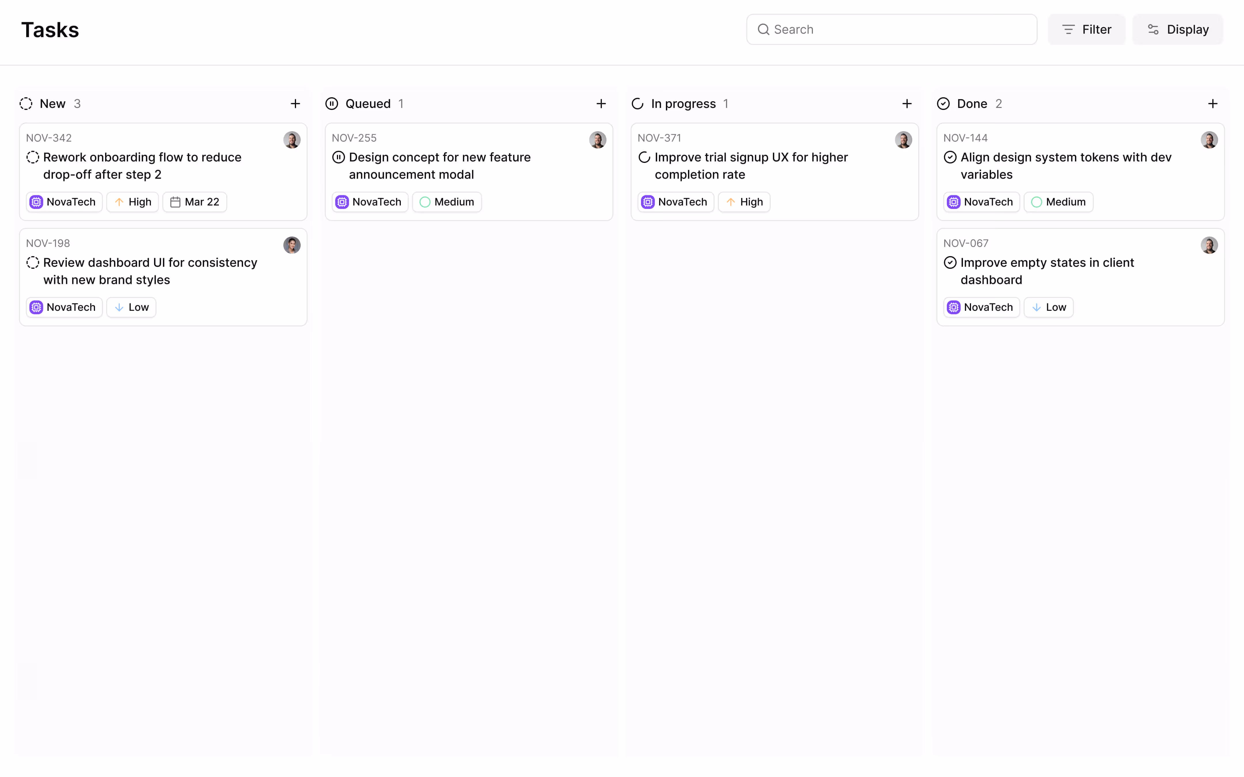 Task management board with columns