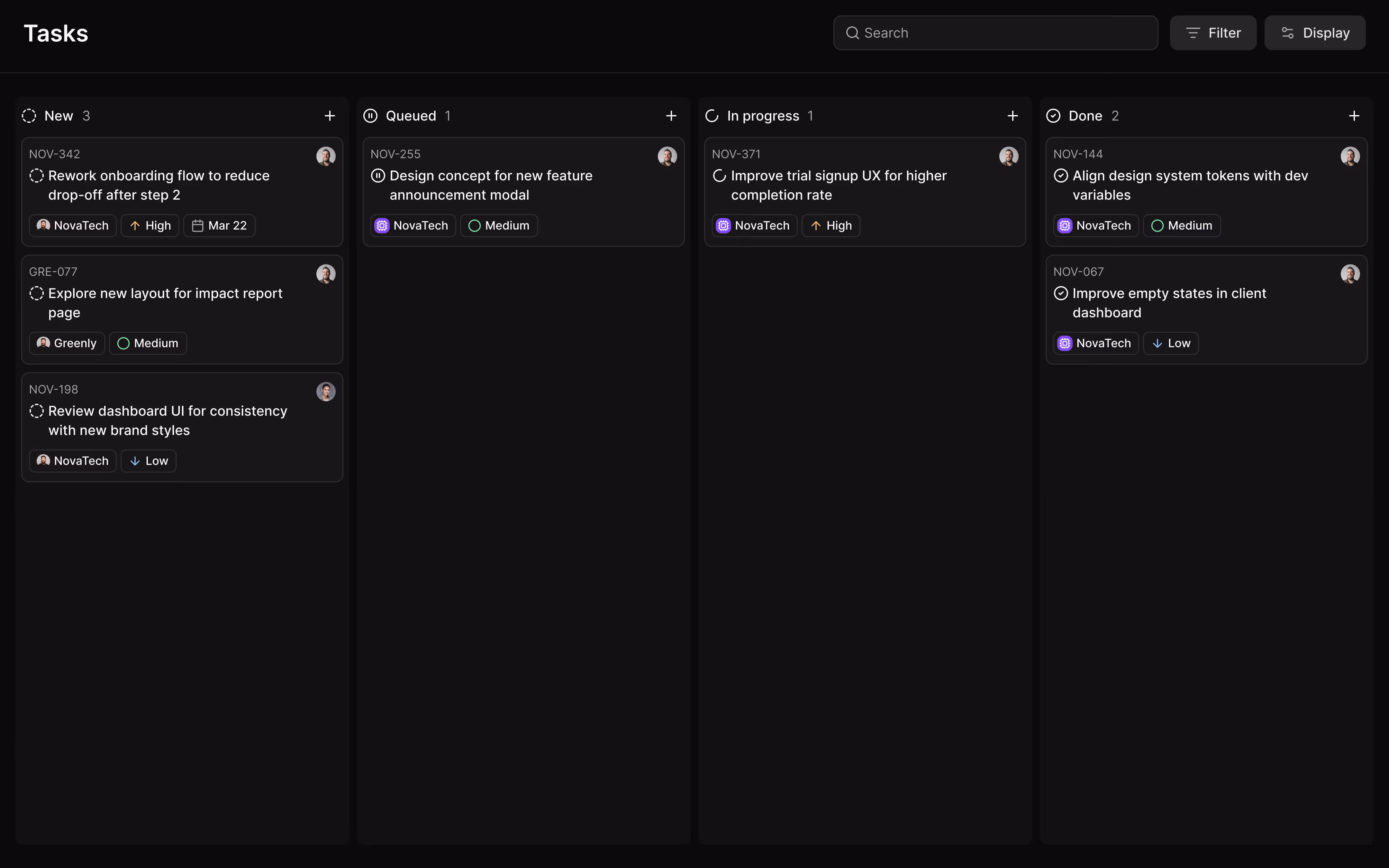 Task management board with columns