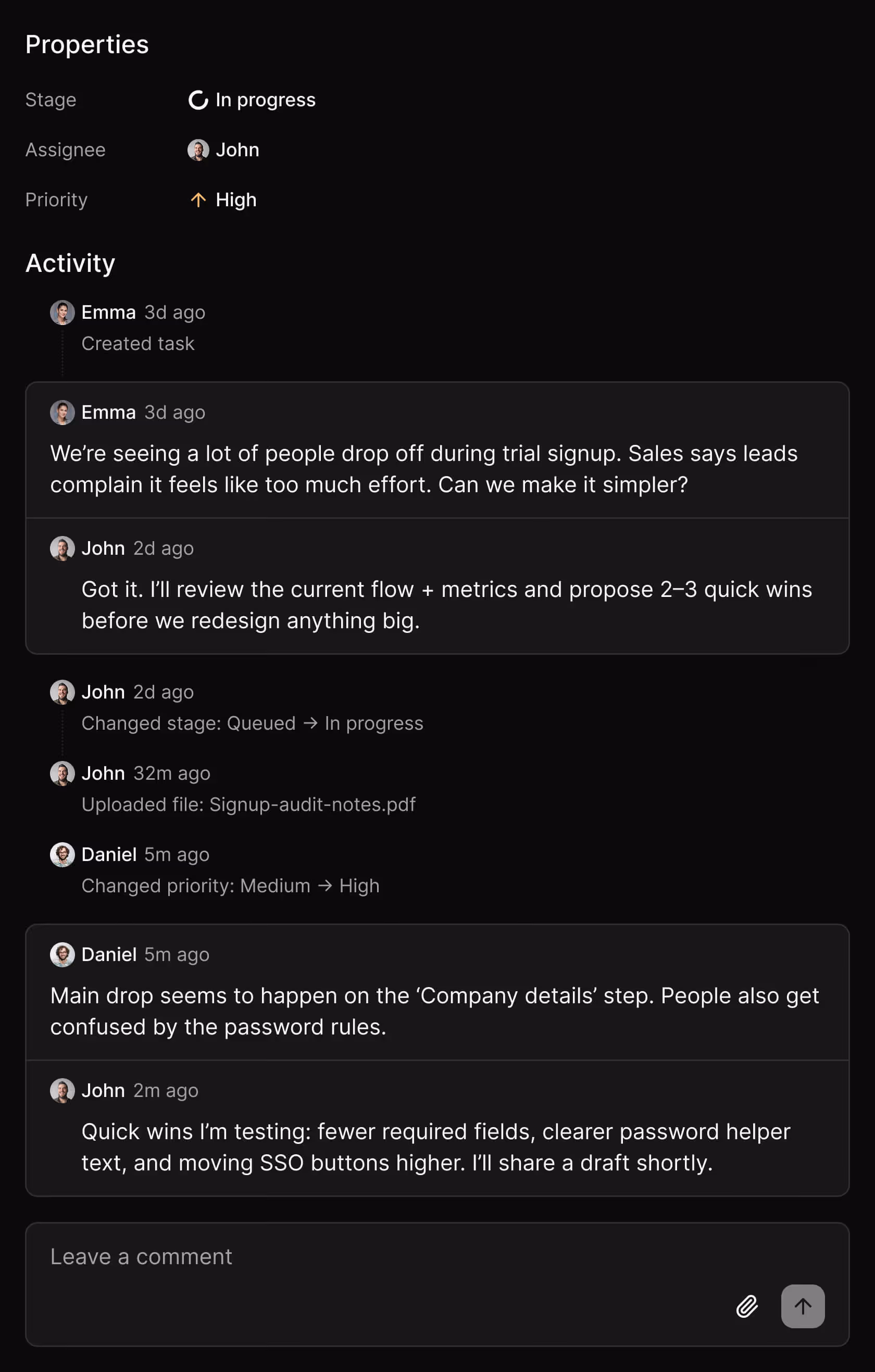 Task management interface showing properties